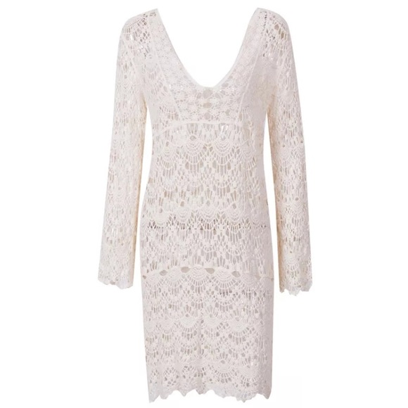 SOLD OUT Cream Crochet Boho Swim Beach Coverup Dress - Picture 5 of 6